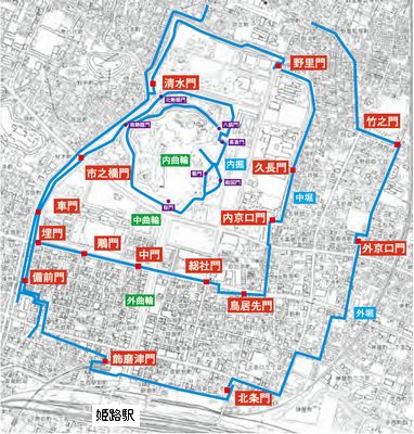 姫路城　堀と城門の配置図